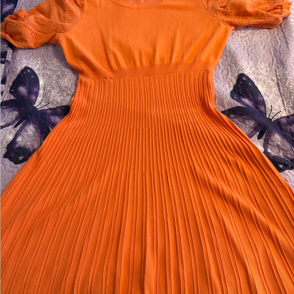 Bright Orange Pleated Knit Dress